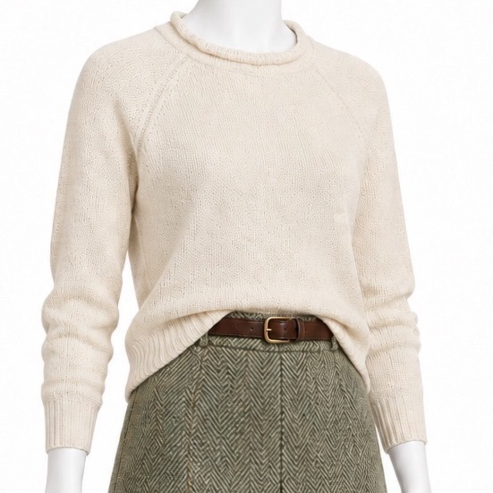 L.L. BEAN 100% Cotton Cream Ivory Ecru Roll Neck Textured Knit Sweater | S/P